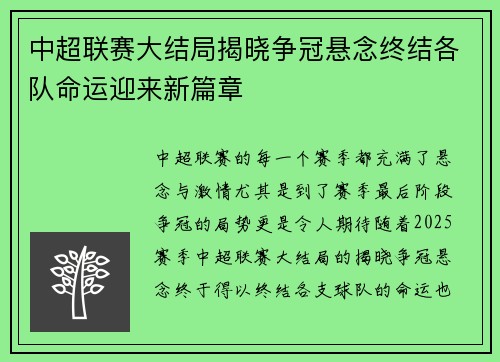 中超联赛大结局揭晓争冠悬念终结各队命运迎来新篇章