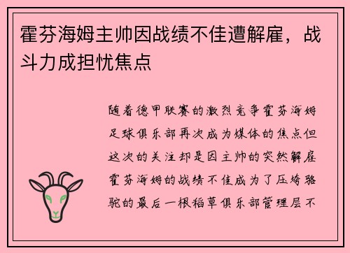 霍芬海姆主帅因战绩不佳遭解雇，战斗力成担忧焦点